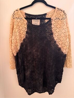 We The Free Crochet Raglan Top - Black and Cream Contrast